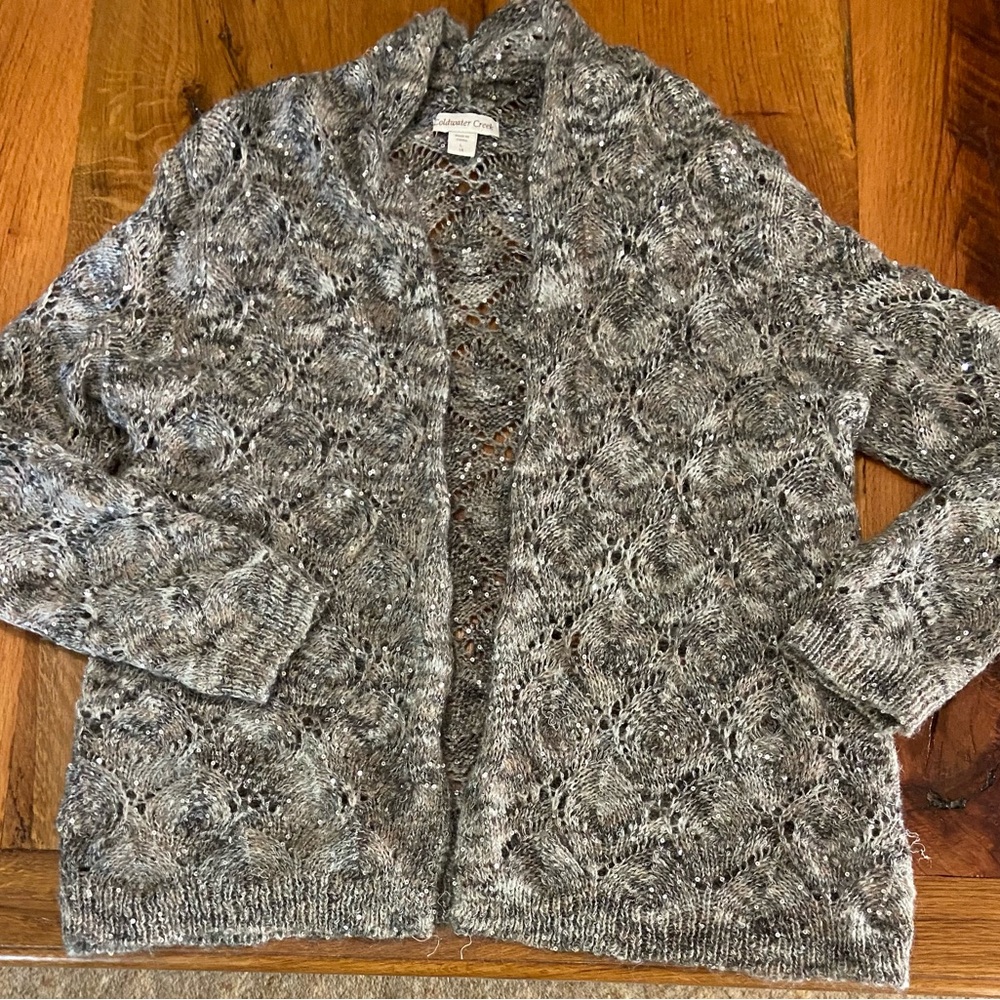 Coldwater Creek Loosely Woven w/ Sequins Open Front Sweater in Grays, Large/14